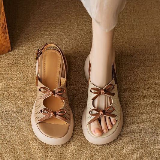 Leather Faux Sandals Platform Ribbon Accent