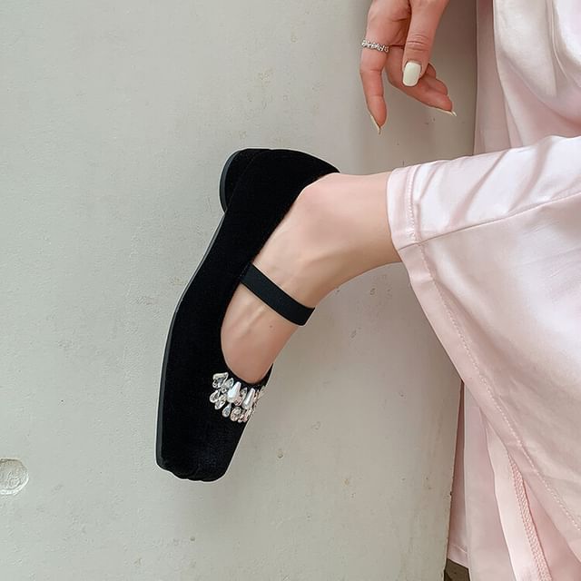 Toe Low Square Heel Velvet Rhinestone Pumps