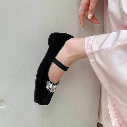 Toe Low Square Heel Velvet Rhinestone Pumps