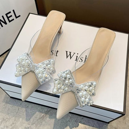 Beaded Bow Spool Heel Transparent Sandals