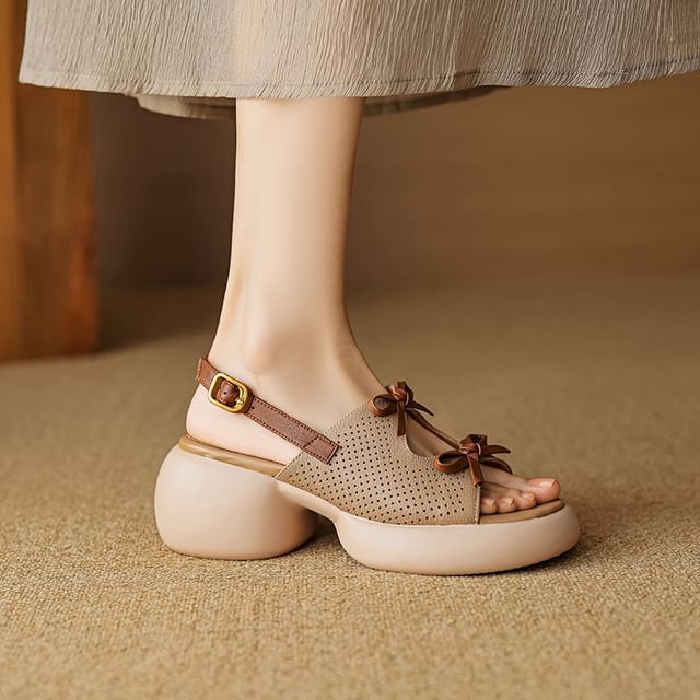 Leather Faux Sandals Platform Ribbon Accent