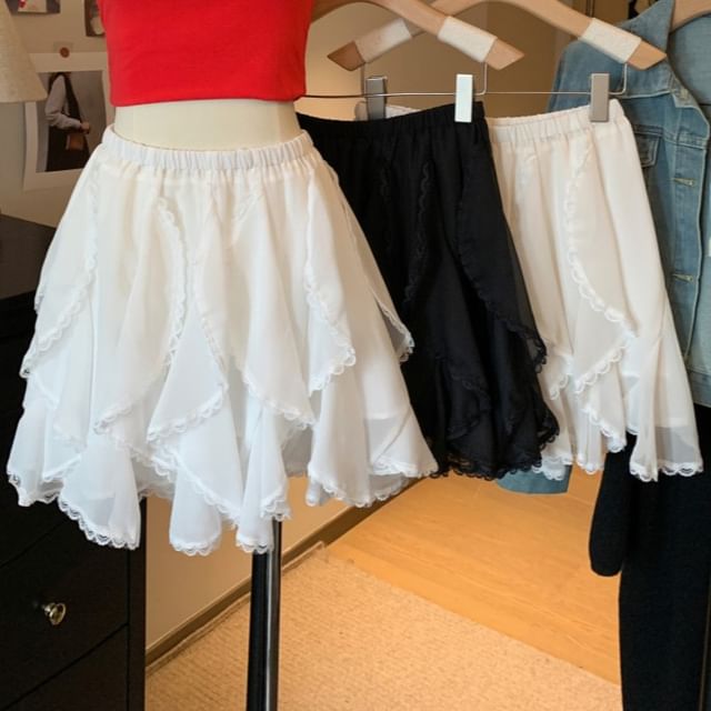 High Trim Lace Ruffle Waist Plain Mini Skirt A-Line