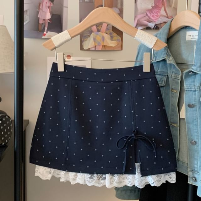 Skirt A-Line Panel Mini Waist Accent Bow Lace High