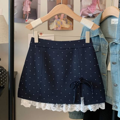 Skirt A-Line Panel Mini Waist Accent Bow Lace High