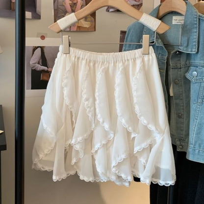 High Trim Lace Ruffle Waist Plain Mini Skirt A-Line
