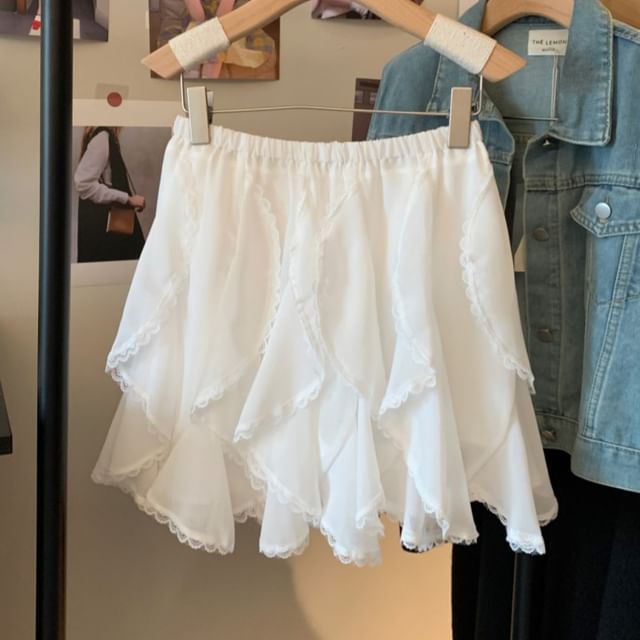High Trim Lace Ruffle Waist Plain Mini Skirt A-Line