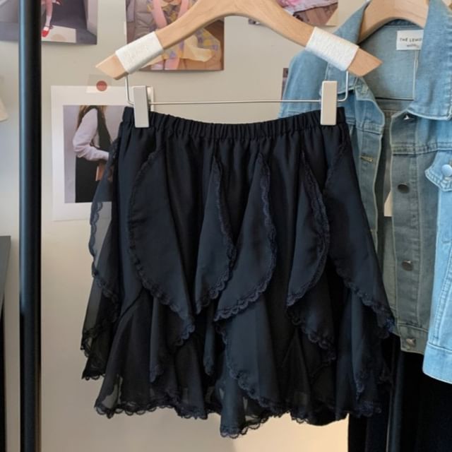 High Trim Lace Ruffle Waist Plain Mini Skirt A-Line