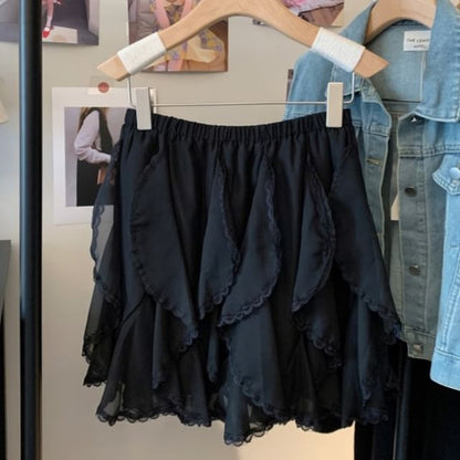 High Trim Lace Ruffle Waist Plain Mini Skirt A-Line