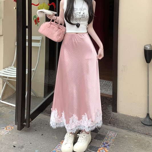 Lace Midi Panel Skirt Satin High Rise A-Line