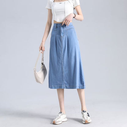 Waist Denim Midi A-Line High Skirt