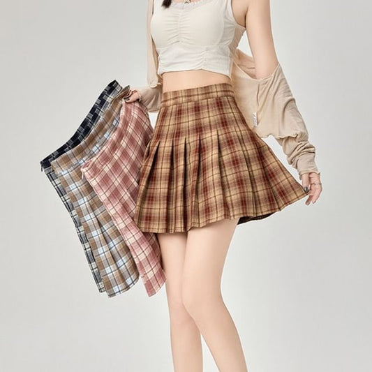 A-Line Skirt Mini Plaid Rise High Pleated