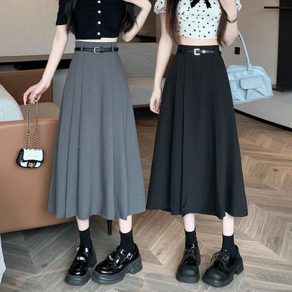 High Pleated Midi Rise Skirt Plain A-Line