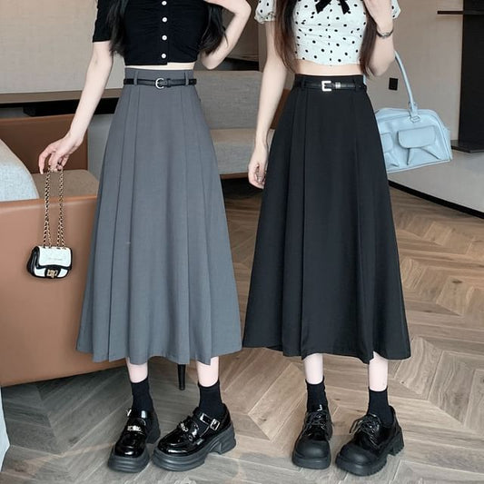 High Pleated Midi Rise Skirt Plain A-Line