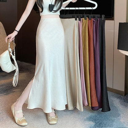 Fishtail Slit Maxi Satin High Plain Rise Skirt