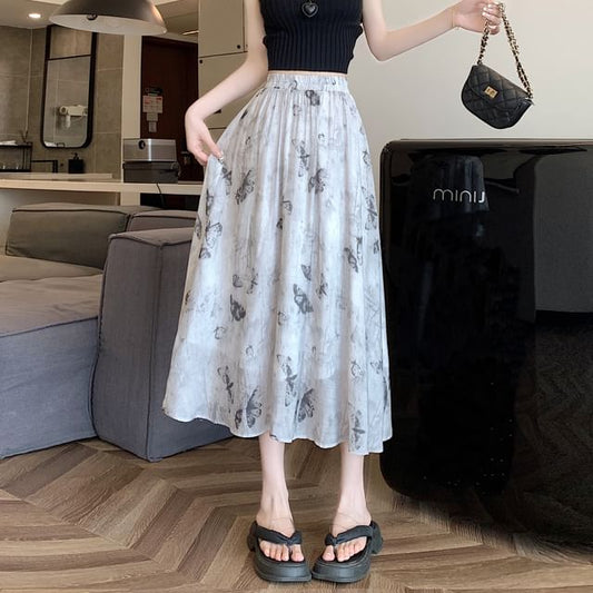 High A-Line Midi Butterfly Skirt Print Rise