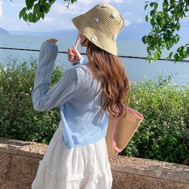 Button-Up Crew Cardigan Neck Perforated Plain Crop