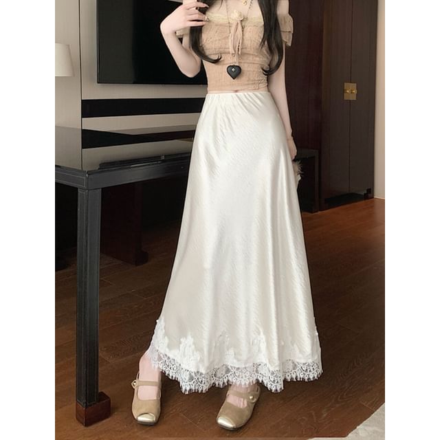 Lace Midi Panel Skirt Satin High Rise A-Line
