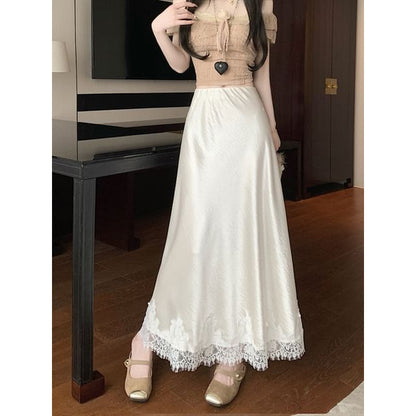 Lace Midi Panel Skirt Satin High Rise A-Line
