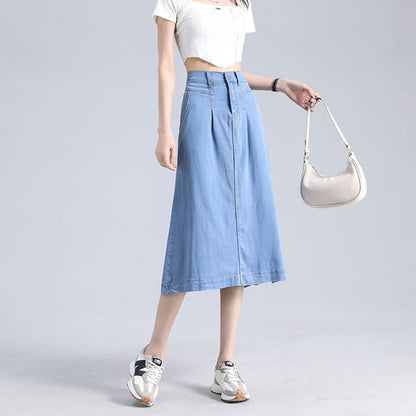 Waist Denim Midi A-Line High Skirt