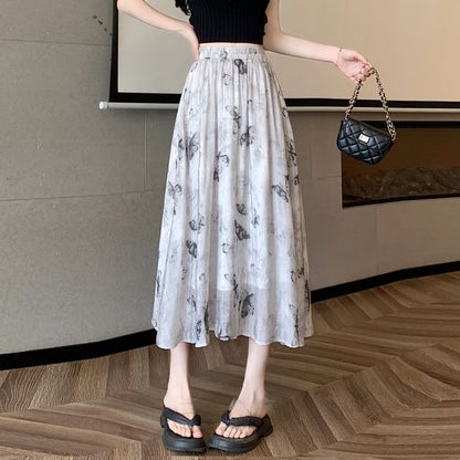 High A-Line Midi Butterfly Skirt Print Rise