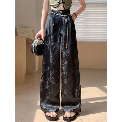 Wide Waist Satin High Pants Jacquard Leg