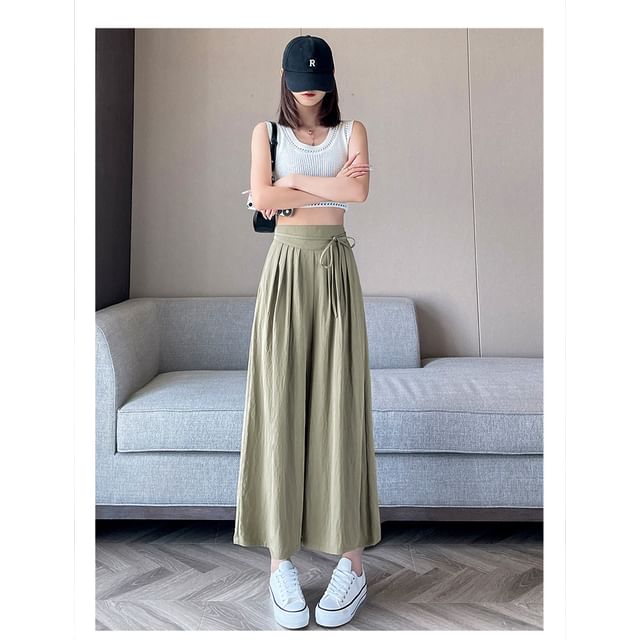 Plain Cropped Waist Pleated High Culottes