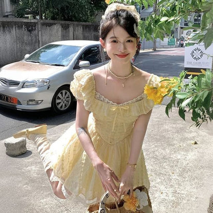 Lace Dress Square Bow Ruffle Neck A-Line Short Sleeve Mini Panel