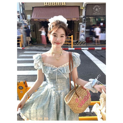 Lace Dress Square Bow Ruffle Neck A-Line Short Sleeve Mini Panel