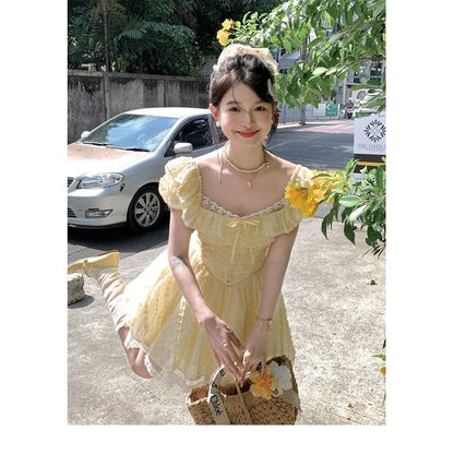 Lace Dress Square Bow Ruffle Neck A-Line Short Sleeve Mini Panel