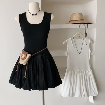 Sleeveless Dress Mini Plain A-Line Neck Ribbed Scoop