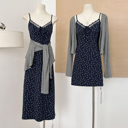 Set: + Strap Floral Open (Various Plain Spaghetti Lace Dress Trim Front A-Line V-Neck Print Designs) Cardigan