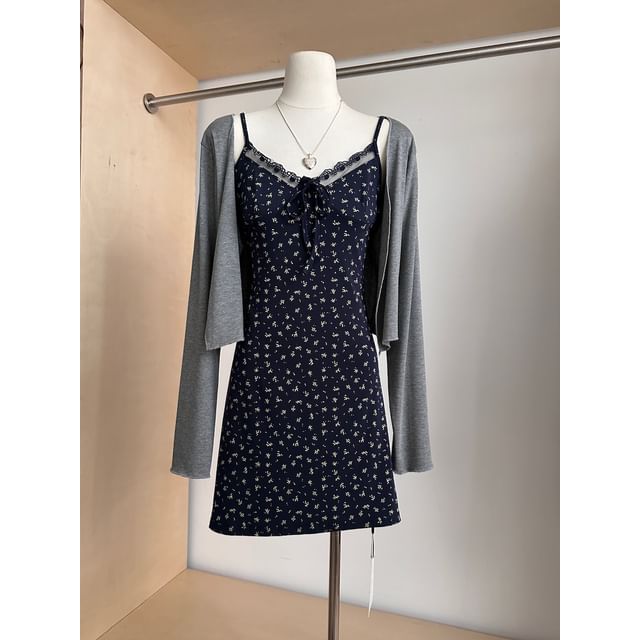 Set: + Strap Floral Open (Various Plain Spaghetti Lace Dress Trim Front A-Line V-Neck Print Designs) Cardigan