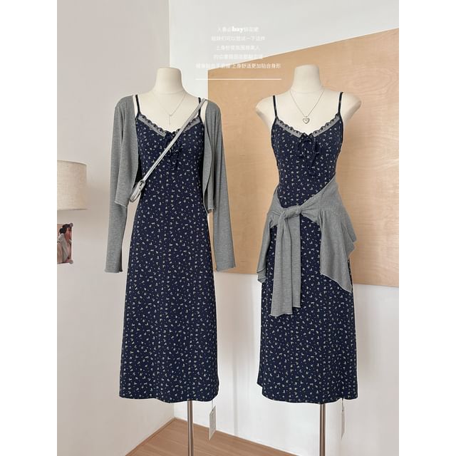 Set: + Strap Floral Open (Various Plain Spaghetti Lace Dress Trim Front A-Line V-Neck Print Designs) Cardigan