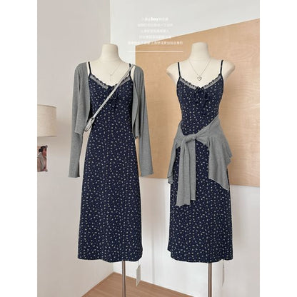 Set: + Strap Floral Open (Various Plain Spaghetti Lace Dress Trim Front A-Line V-Neck Print Designs) Cardigan