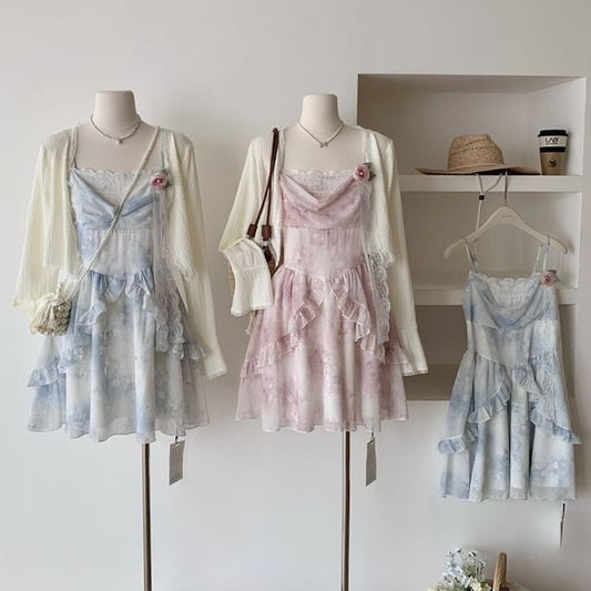 A-Line Strap Mini Set: Dress + Print Floral Plain Spaghetti Cardigan