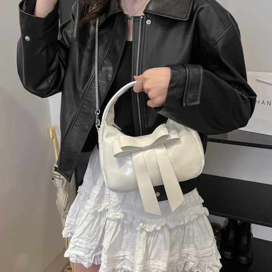 Plain Strap Bow Crossbody Faux Leather Accent Bag Chain