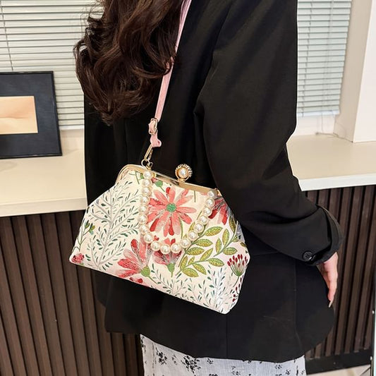 Bag Faux Crossbody Jacquard Floral Strap Pearl
