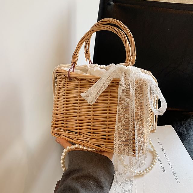 Faux + Bag Straw Crossbody Pearl Strap Scarf Set: Drawstring