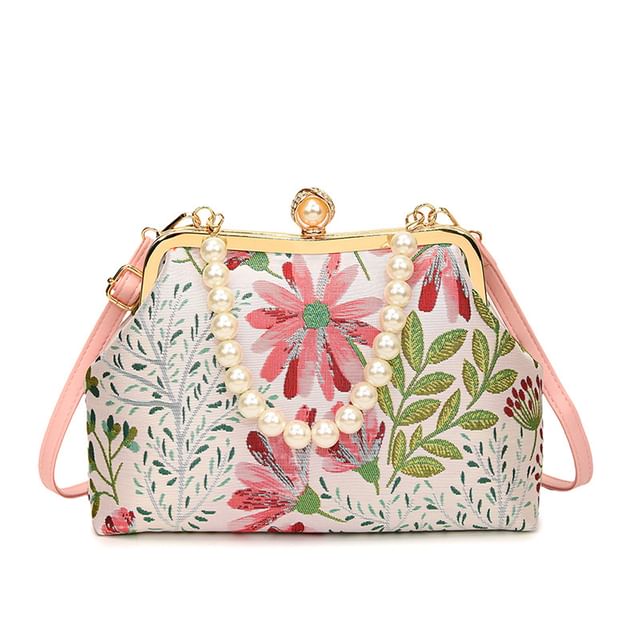 Bag Faux Crossbody Jacquard Floral Strap Pearl