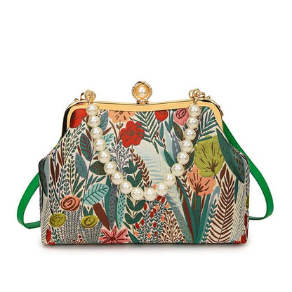 Bag Faux Crossbody Jacquard Floral Strap Pearl