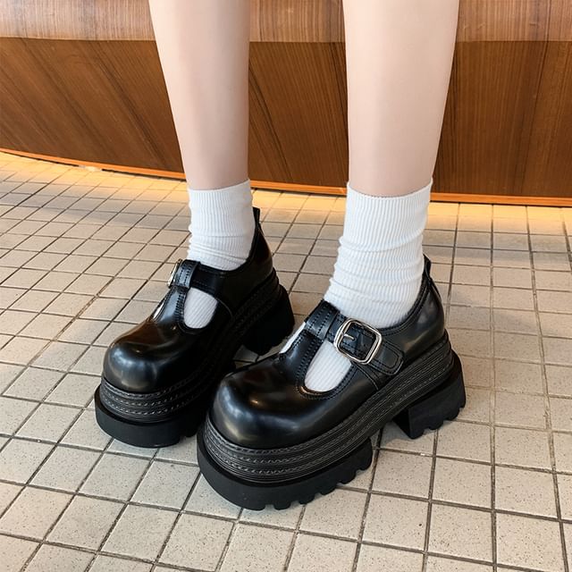 Plain Leather Shoes T-Strap Platform Faux Mary Jane