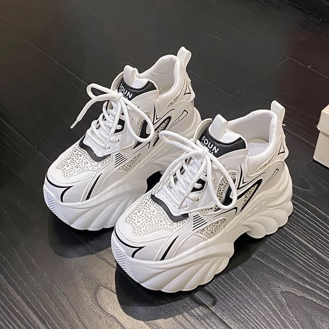 Lace-Up Rhinestone Sneakers Faux Leather Wedge Hidden