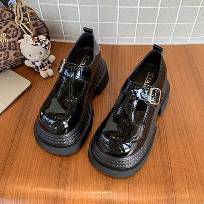Plain Leather Shoes T-Strap Platform Faux Mary Jane