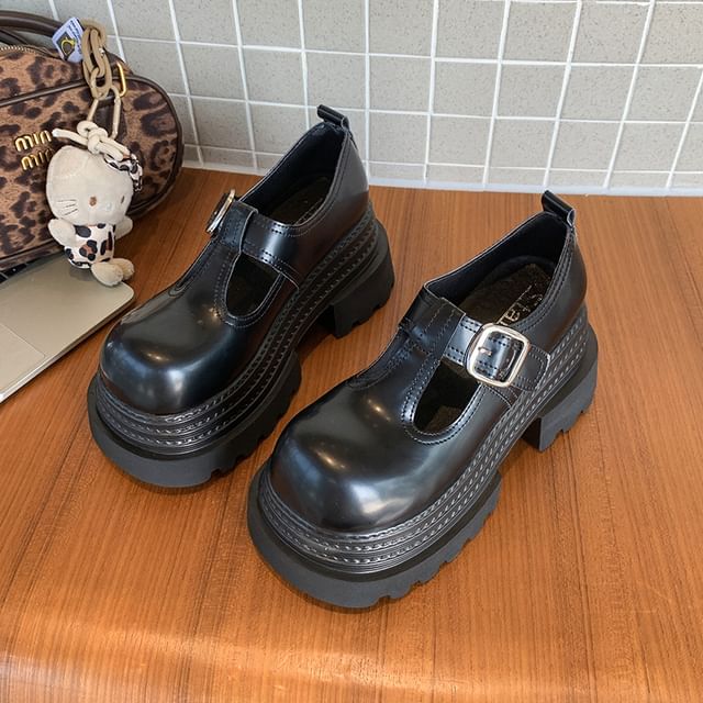 Plain Leather Shoes T-Strap Platform Faux Mary Jane