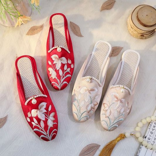 Mules Floral Embroidered Faux Pearl