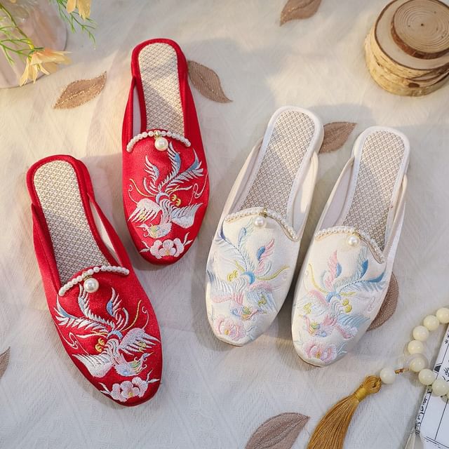 Embroidered Faux Pearl Mules