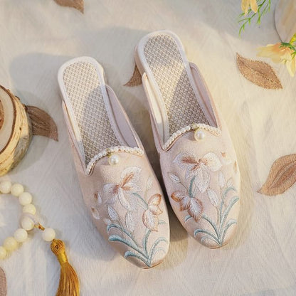 Mules Floral Embroidered Faux Pearl