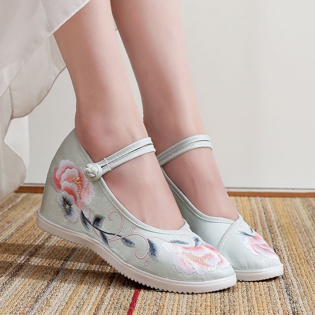 Shoes Heel Floral Embroidery Wedge