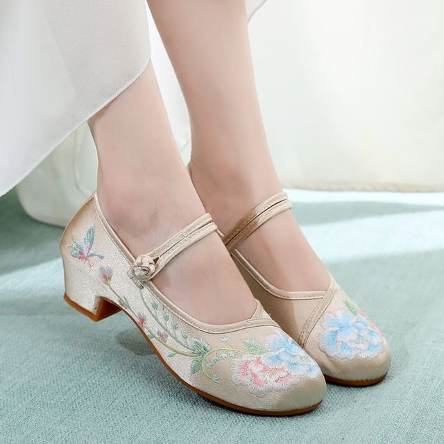 Heel Embroidery Pumps Floral Block