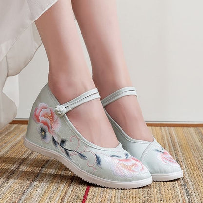 Shoes Heel Floral Embroidery Wedge
